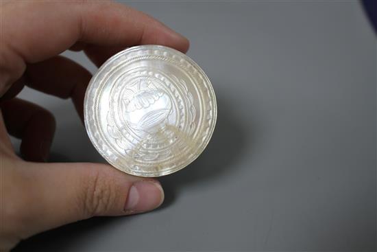 A Chinese engraved mother of pearl and tortoiseshell small box, diameter 4.5cm
